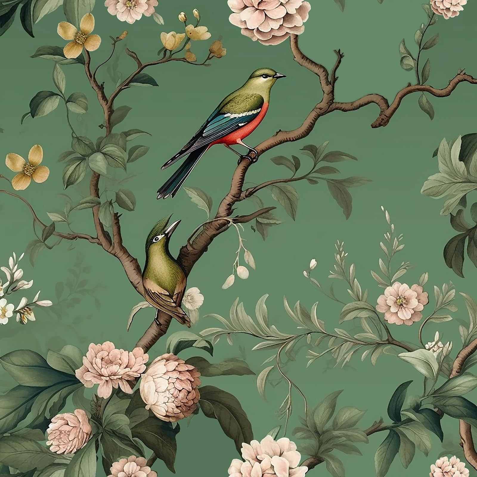 VEELIKE Vintage Green Bird Wallpaper Peel and Stick 17.7″ x 118″,