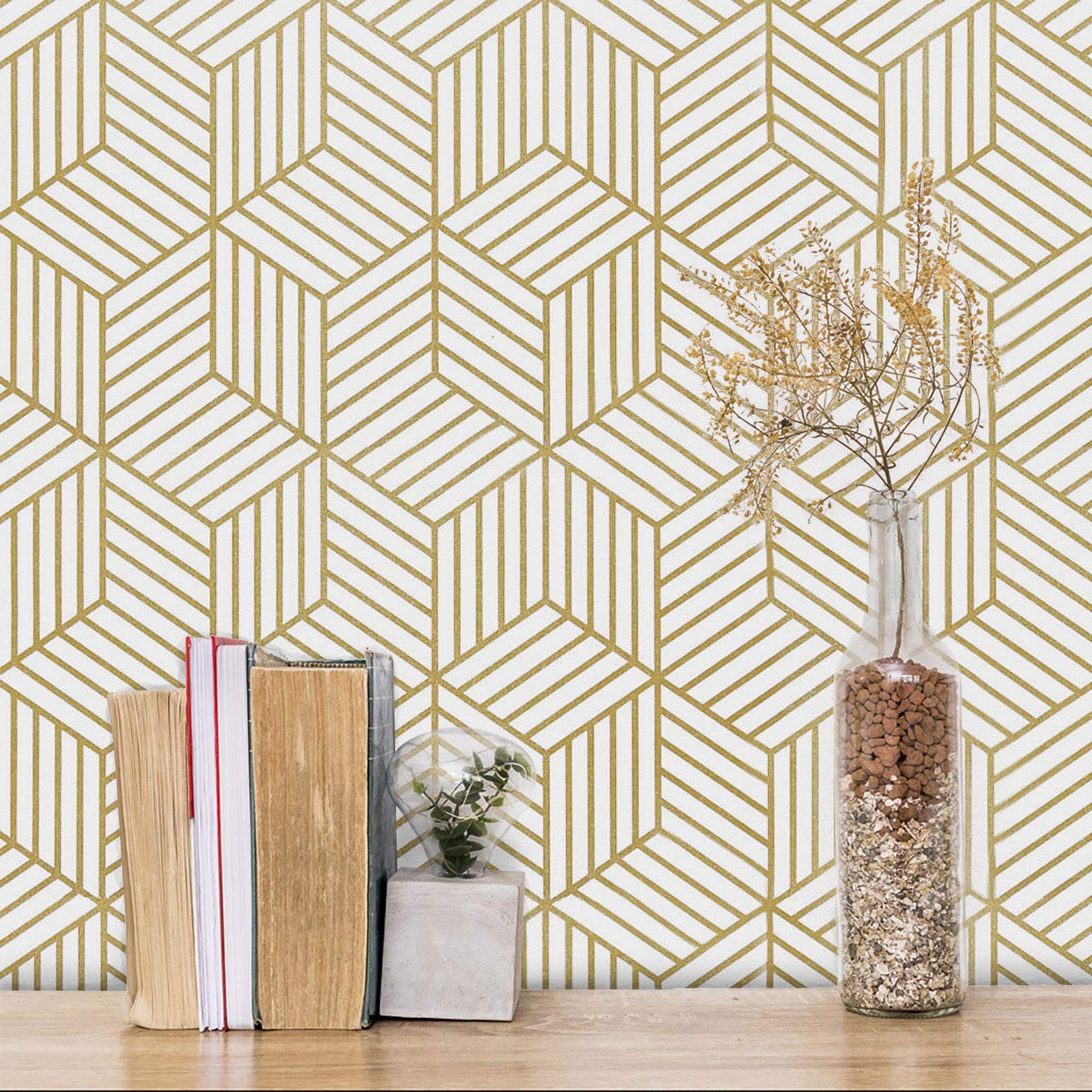 MelunMer Geometric Peel and Stick Wallpaper Gold 118In L 17.7″ x 118″,