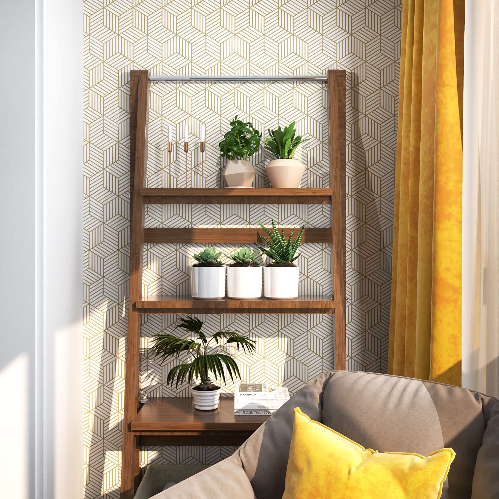 MelunMer Geometric Peel and Stick Wallpaper Gold 118In L 17.7″ x 118″,