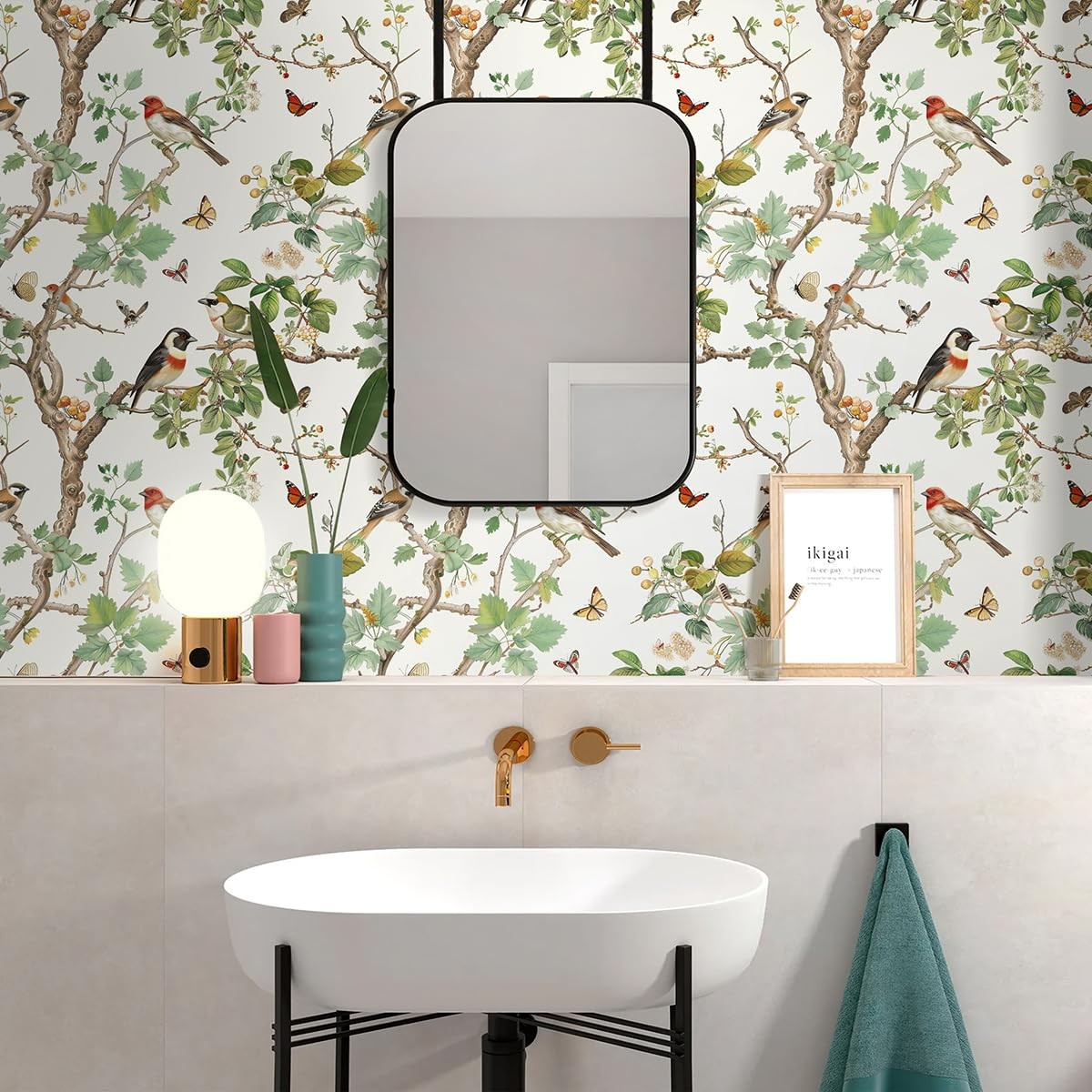 Nukofal Vintage Bird Peel and Stick Wallpaper Floral 16.9″ x 118.1″, Beige