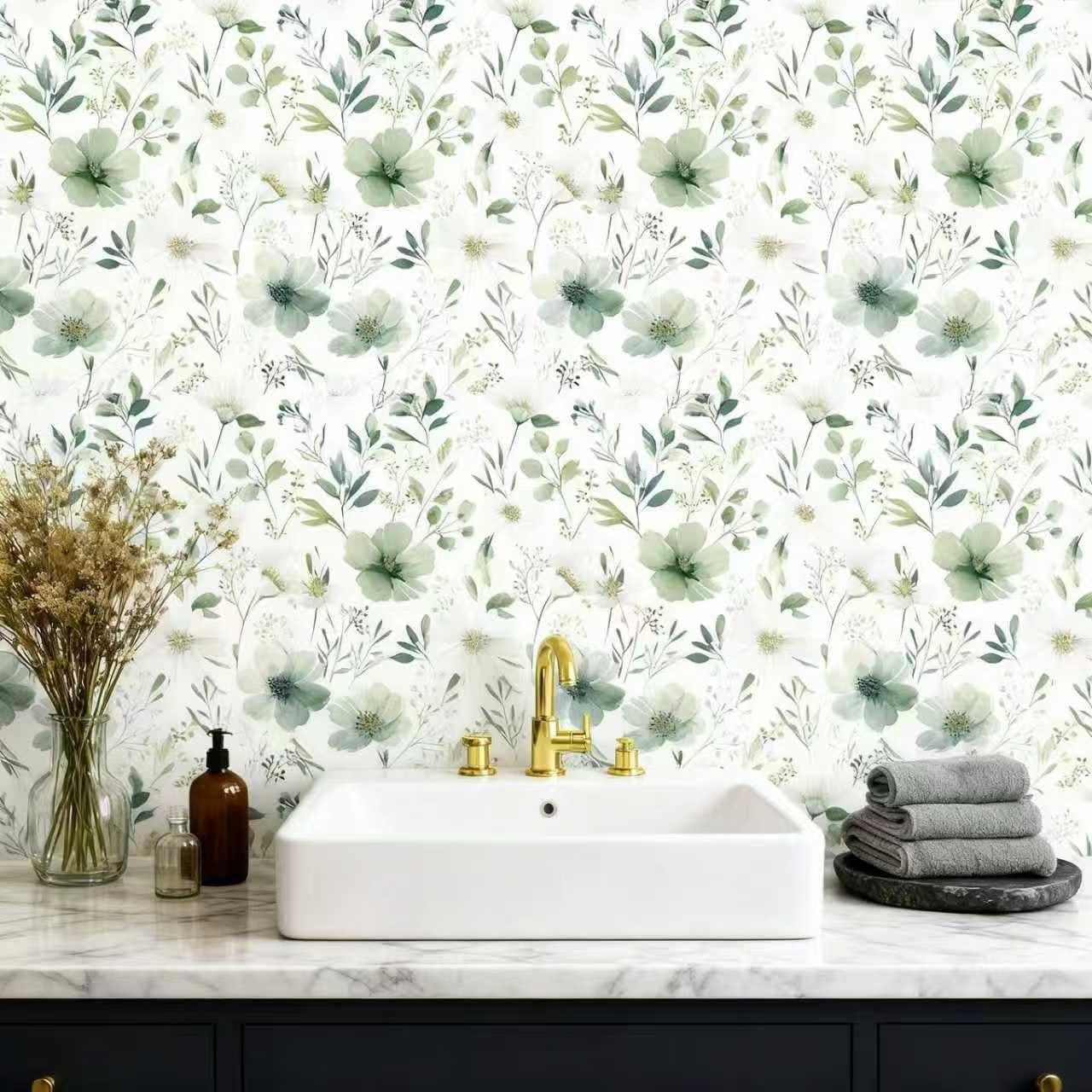 Akodm Sage Green Floral Peel and Stick Wallpaper 17.7″ x 118″, & White
