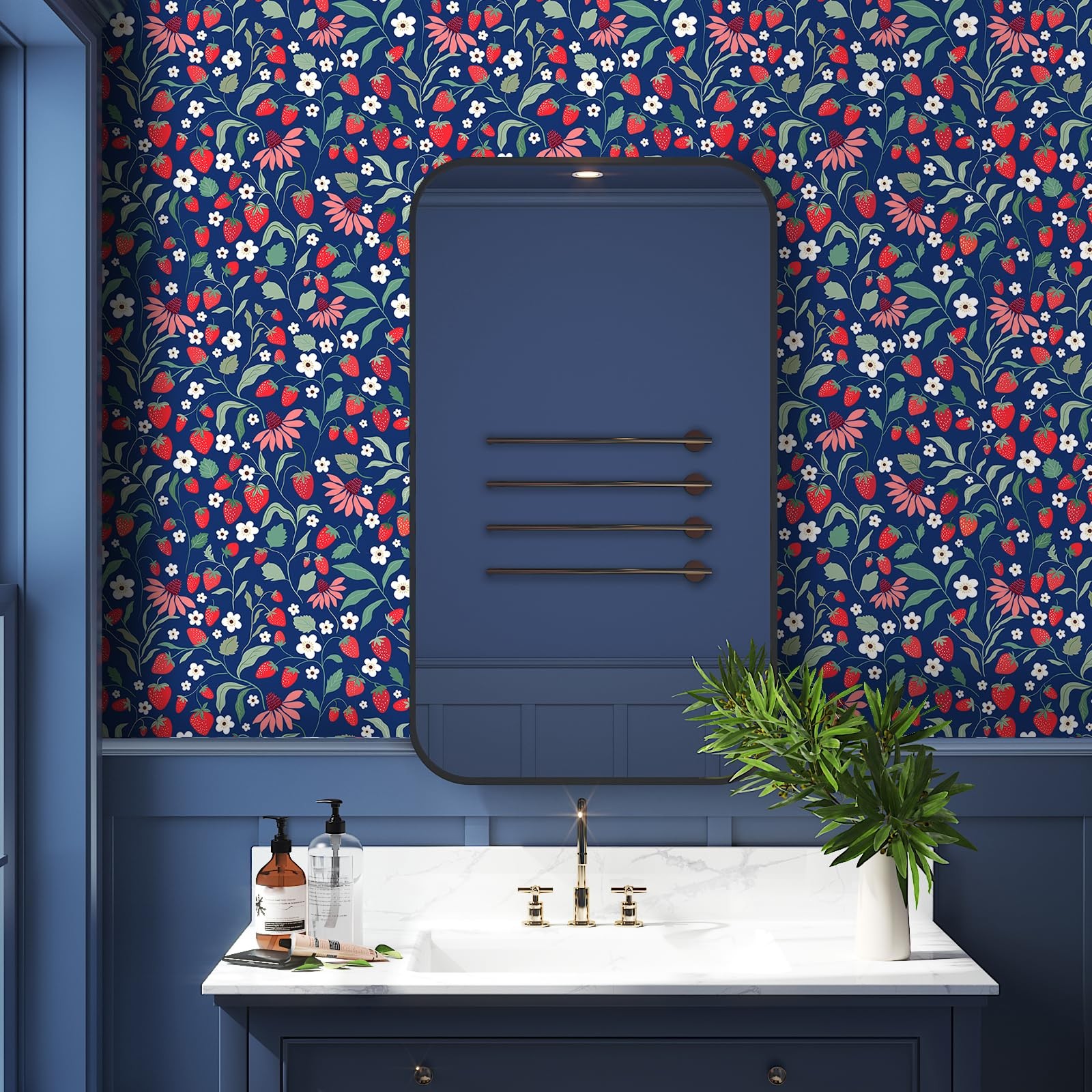 VaryStyle Strawberry Floral Wallpaper 17.7″ x 118″, Navy