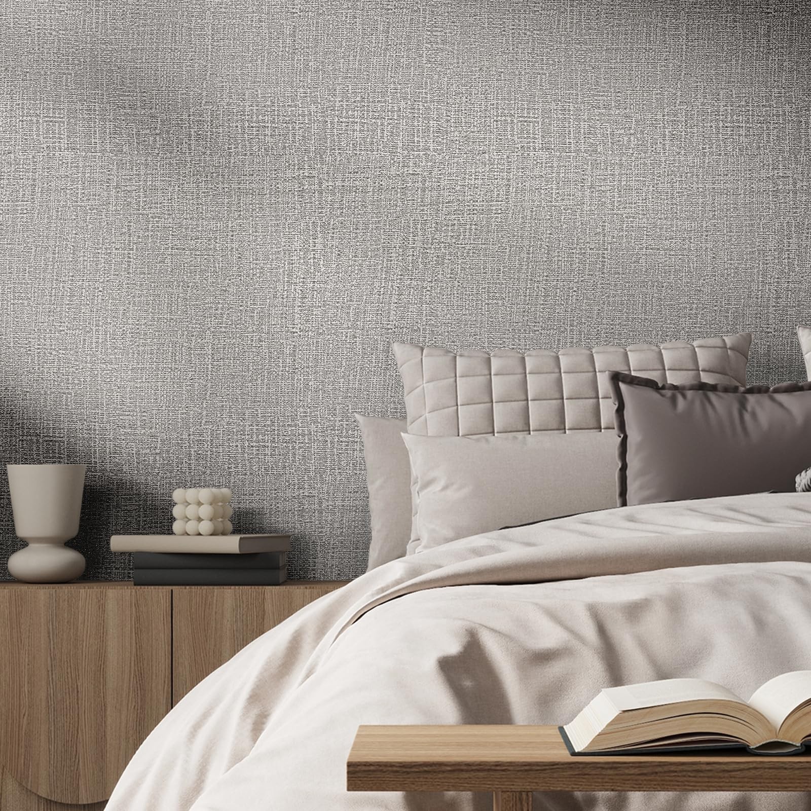 WADILE Grasscloth Peel and Stick Wallpaper 15.7in x 15.7″ x 78.7″, Light Gray