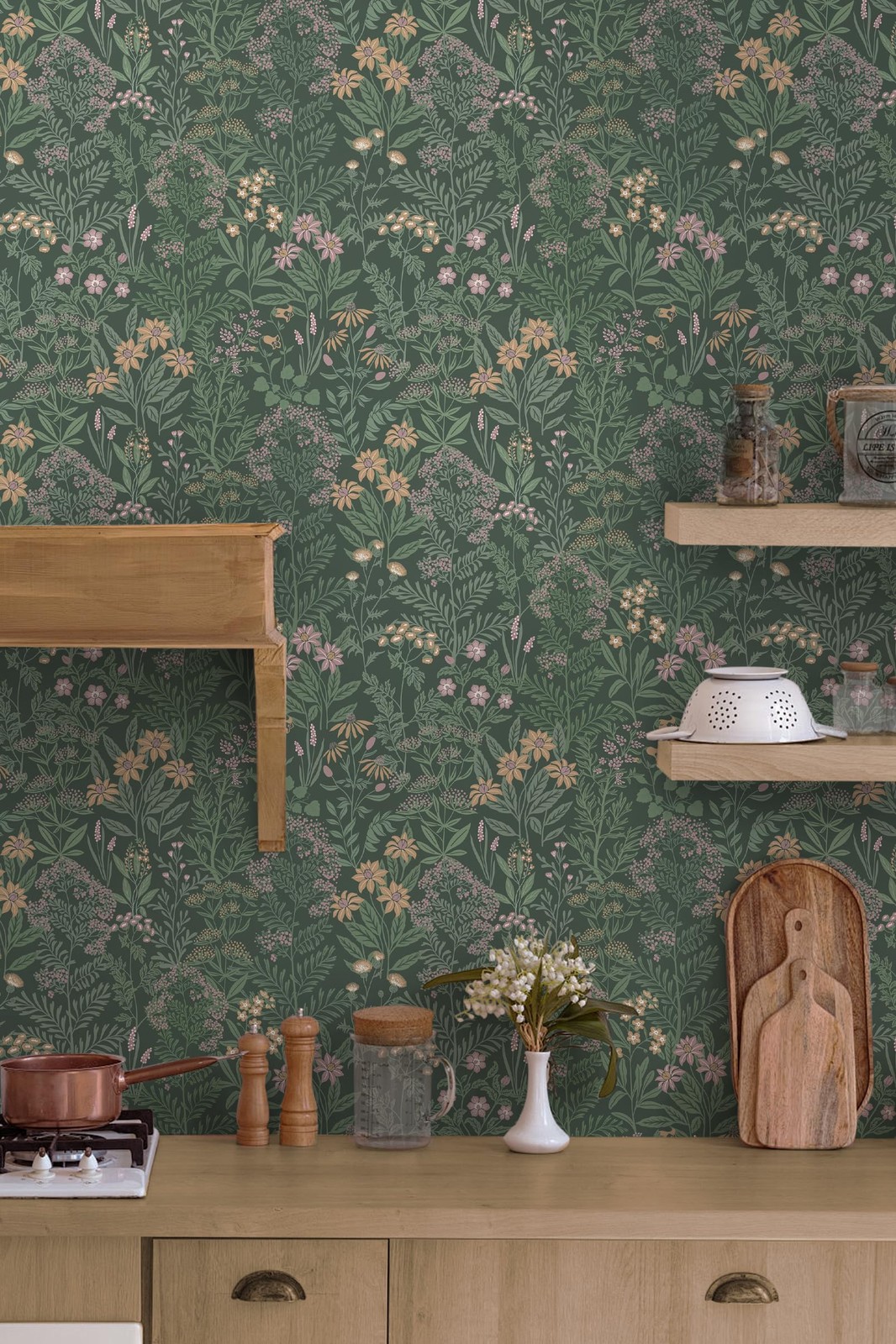 Safiyya Green Floral Peel and Stick Wallpaper Boho 17.3″ x 78.7″, Dark