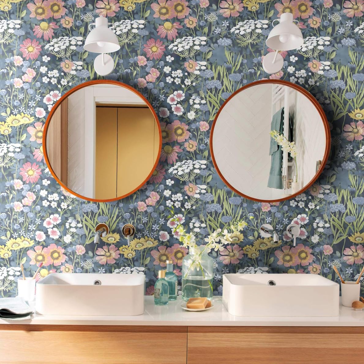 Orainege Vintage Floral Wallpaper Peel 17.7″ x 196.8″, Blue/Pink/Yellow/White