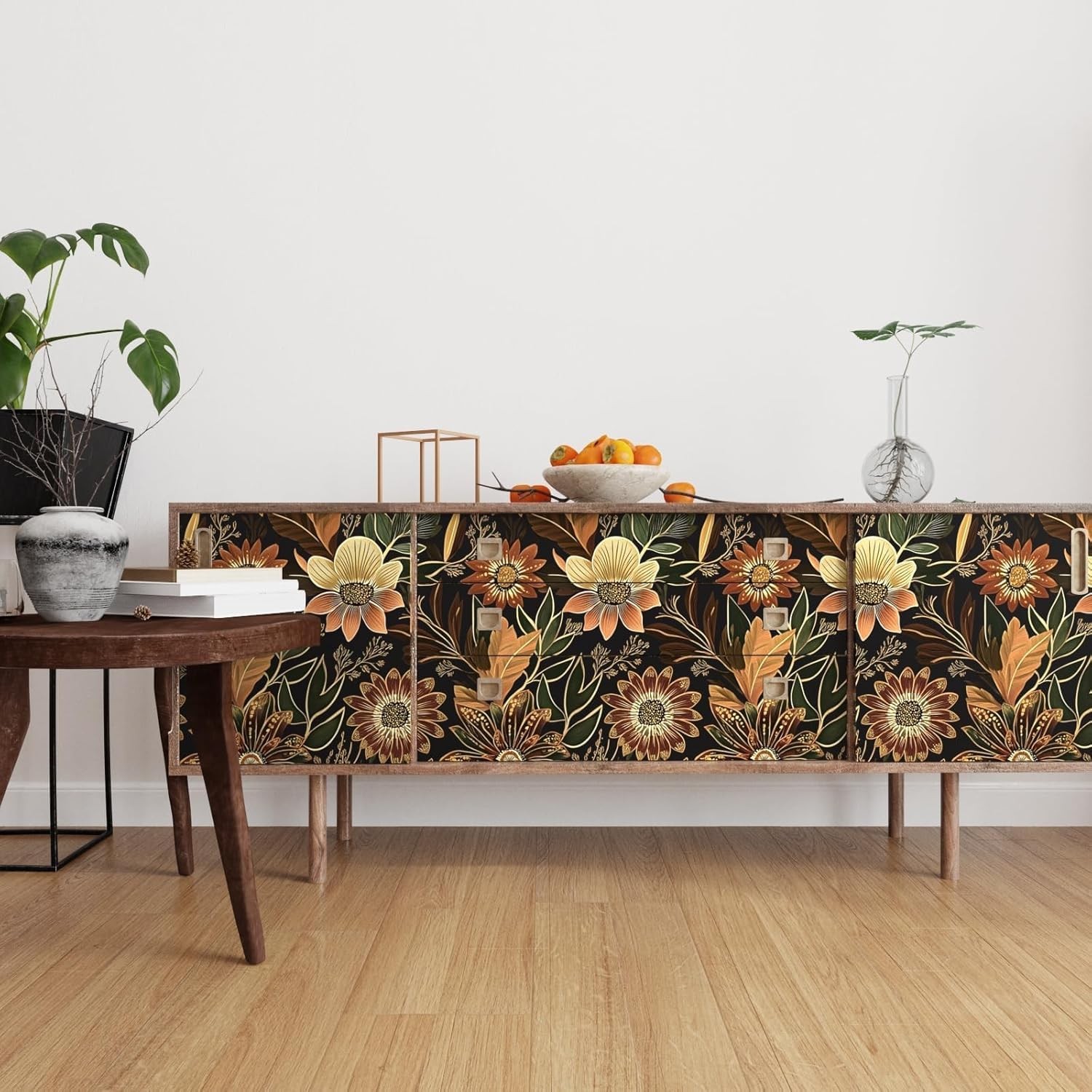 Laatse Boho Black Gold Floral Vintage Peel and 17.4″ x 118″, Black/Brown