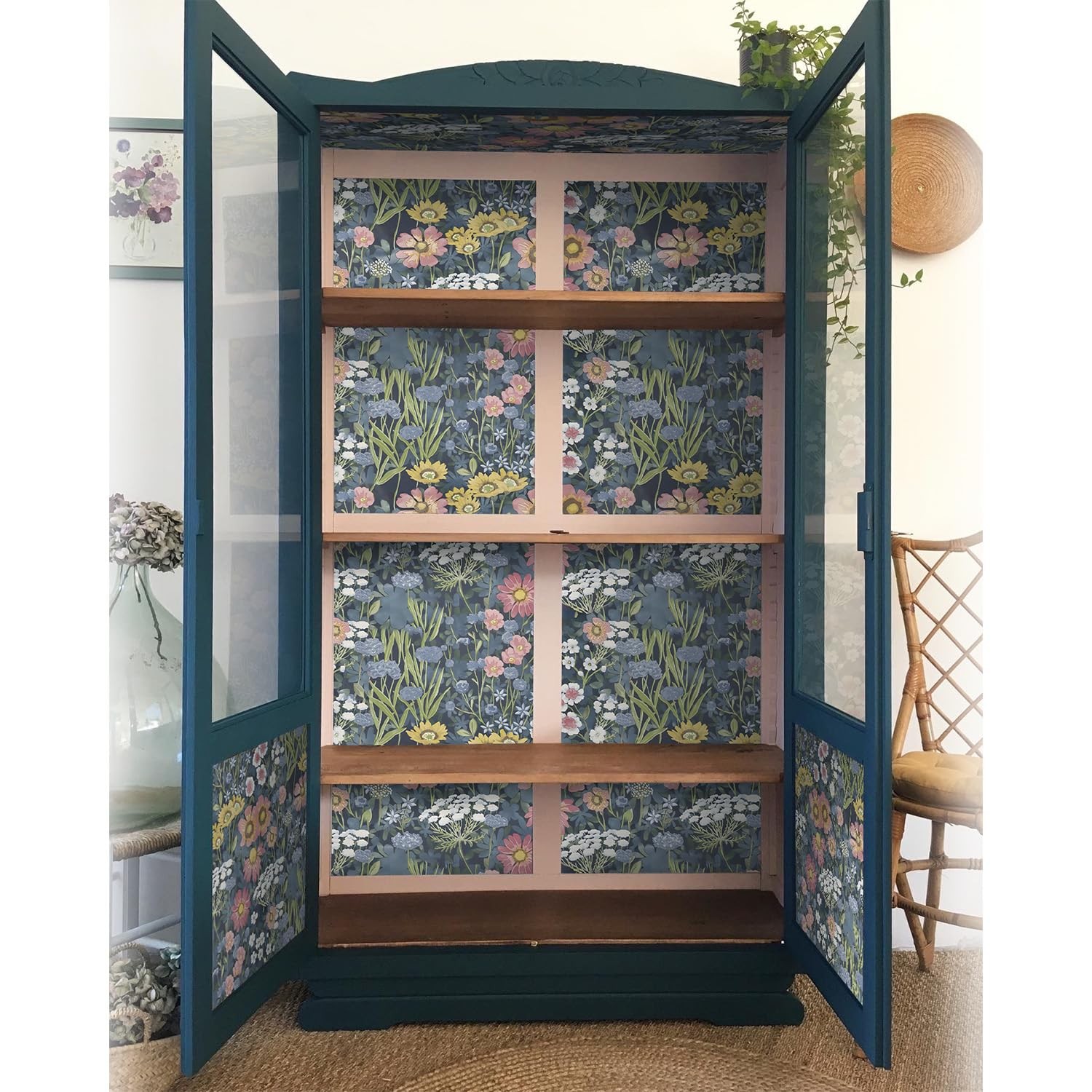 Orainege Vintage Floral Wallpaper Peel 17.7″ x 196.8″, Blue/Pink/Yellow/White